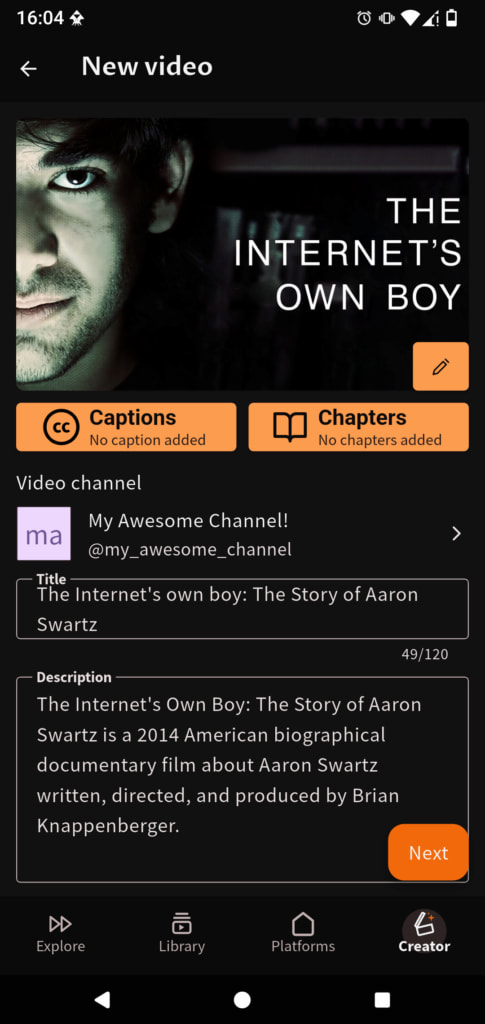 The first screen for adding a new video